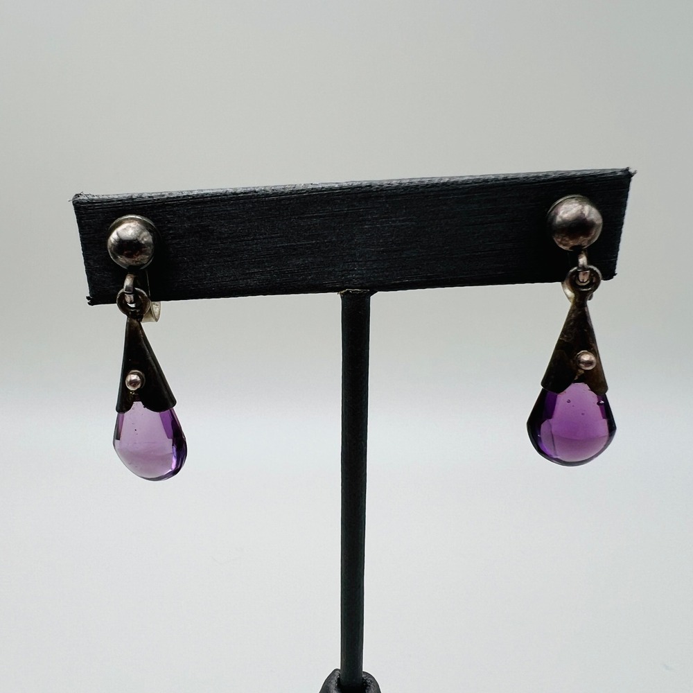 Vintage Drop Earrings Purple Acrylic Dangle Silver Tone Screw Back Retro